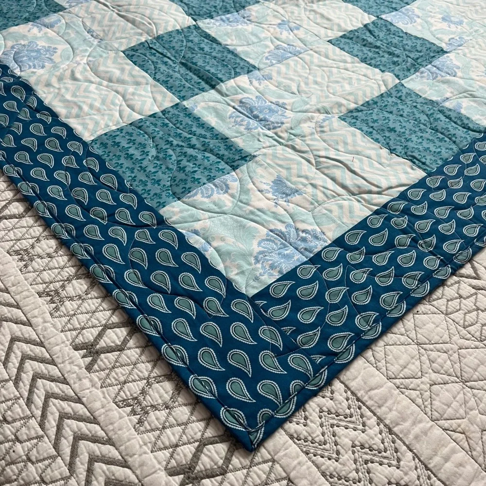 Handmade Reversible Patchwork Quilt Teal Blue Inspirational Graffiti Print 49x44